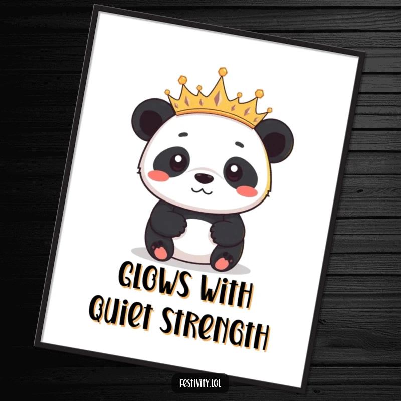 Funny determined panda proudly wearing a crown made of tiny twinkling lights, offered as a downloadable digital art print for instant regal decor.