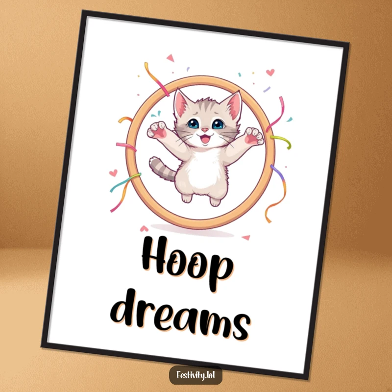 Funny digital art print of a curious kitten leaping through a giant hoop adorned with streamers.