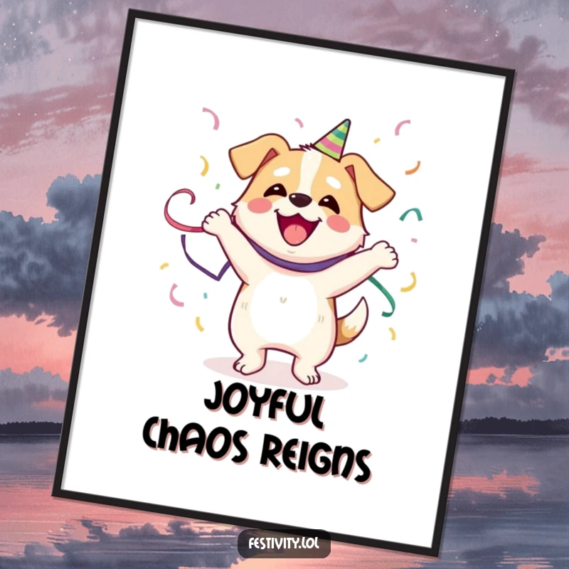 Funny Dog Digital Art: A happy dog dances joyfully with streamers, bringing humorous celebration to your digital space.