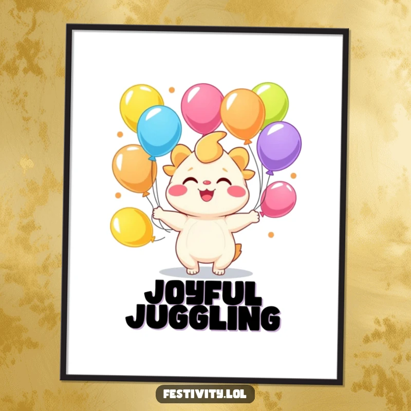 Funny joyful creature with a wide smile juggling colorful balloons, digital art print.