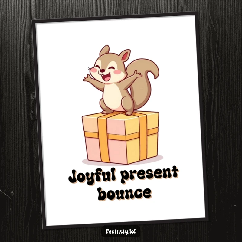 Funny digital artwork of a squirrel gleefully bouncing high on a massive, festive present.