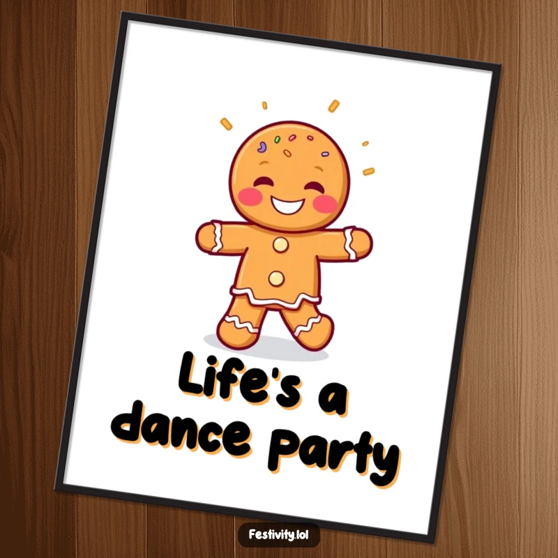 Funny Gingerbread Man Jig Digital Art Print of a grinning gingerbread man dancing joyfully with sprinkles, offering instant humorous decoration.