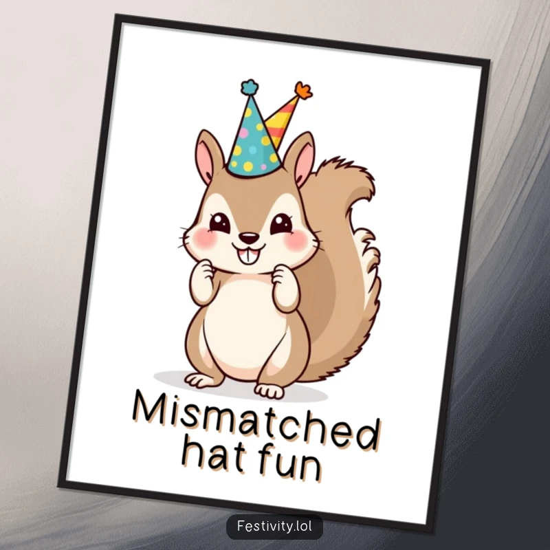 Funny Squirrel Party Hat Digital Art Print showcases a mischievous squirrel stacking mismatched party hats, perfect for whimsical decor.