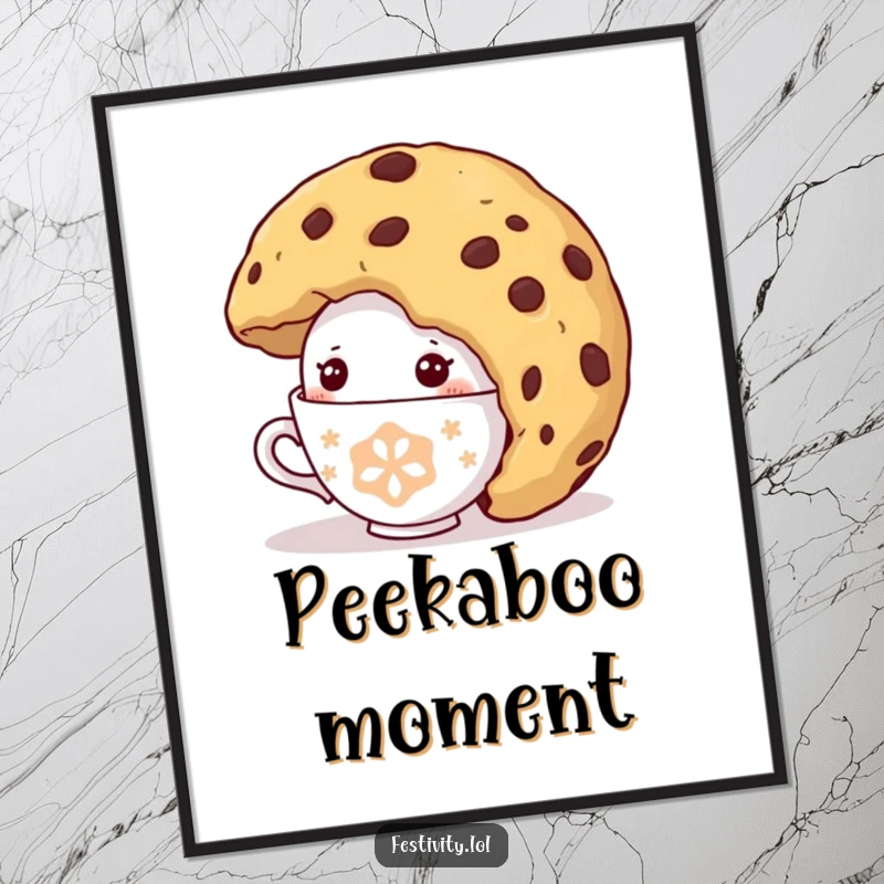 Funny Shy Teacup Digital Art: A high-resolution printable of a shy teacup character comically peeking from under a giant cookie, full of sweet fun.