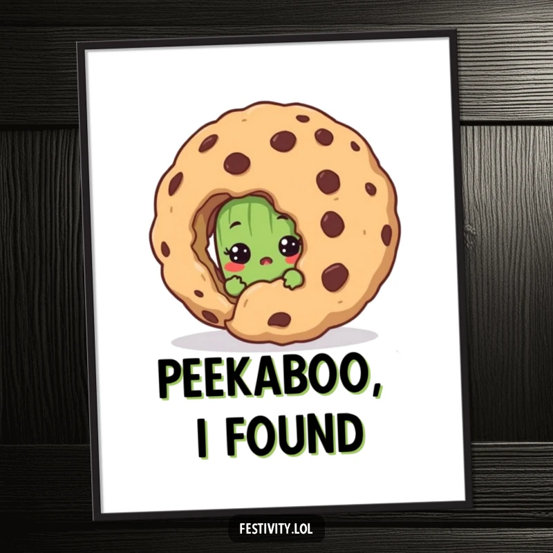 Funny digital art print of a shy pickle peeking in surprise behind a large cookie, perfect for instant home decor.