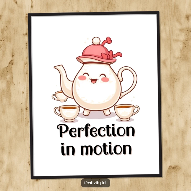 Funny digital art print of a whimsical teapot in a hat merrily juggling teacups, perfect for charming decor.