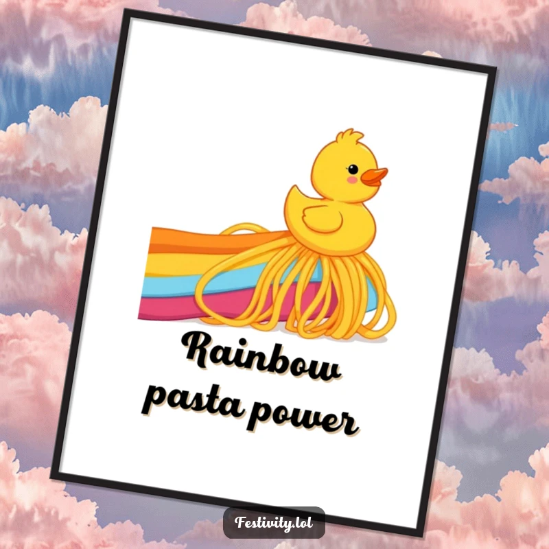 Funny rubber ducky joyfully sliding down a rainbow made of spaghetti, high-resolution digital art print for whimsical and humorous decor.