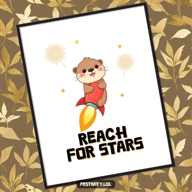 Funny otter rocket digital art print of a cheerful otter riding a firecracker into the sky, perfect for instant adventurous and dynamic decor.