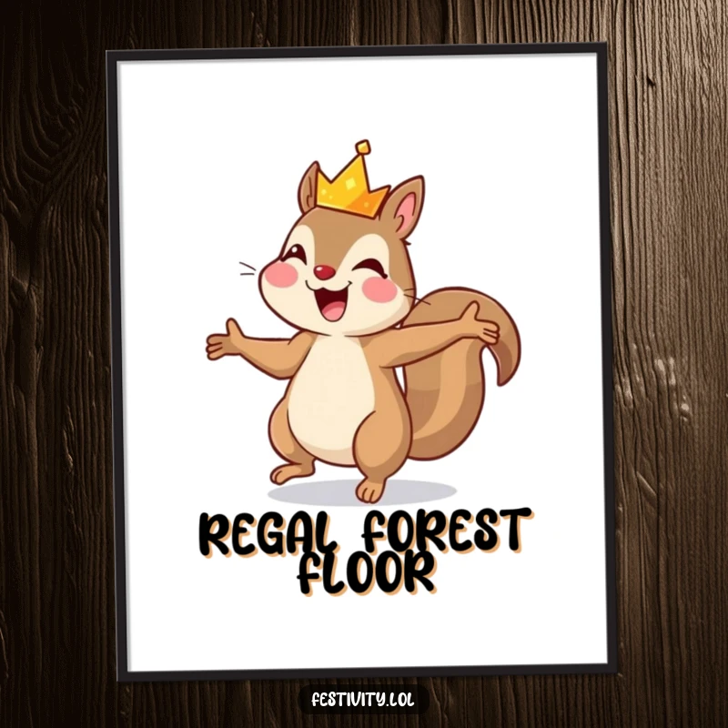 Funny digital art print of a joyful squirrel dancing with a tiny sparkling crown, perfect for humorous wall decor.
