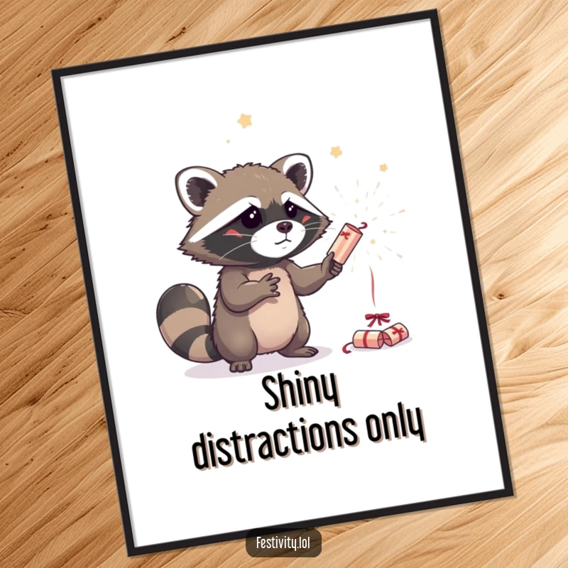 Funny curious raccoon attempting to juggle three sparkling party crackers, offered as a downloadable digital art print for instant whimsical decor.