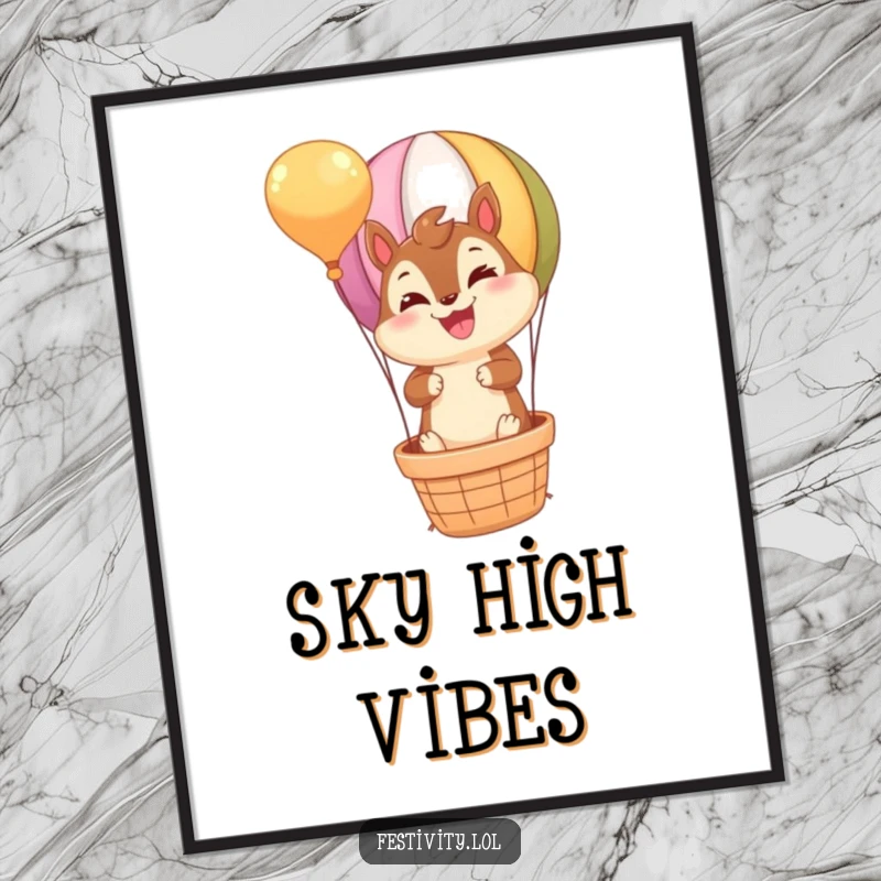 Funny Chipmunk Digital Art: A beaming chipmunk joyfully riding a hot air balloon, perfect for vibrant, humorous wall decor.