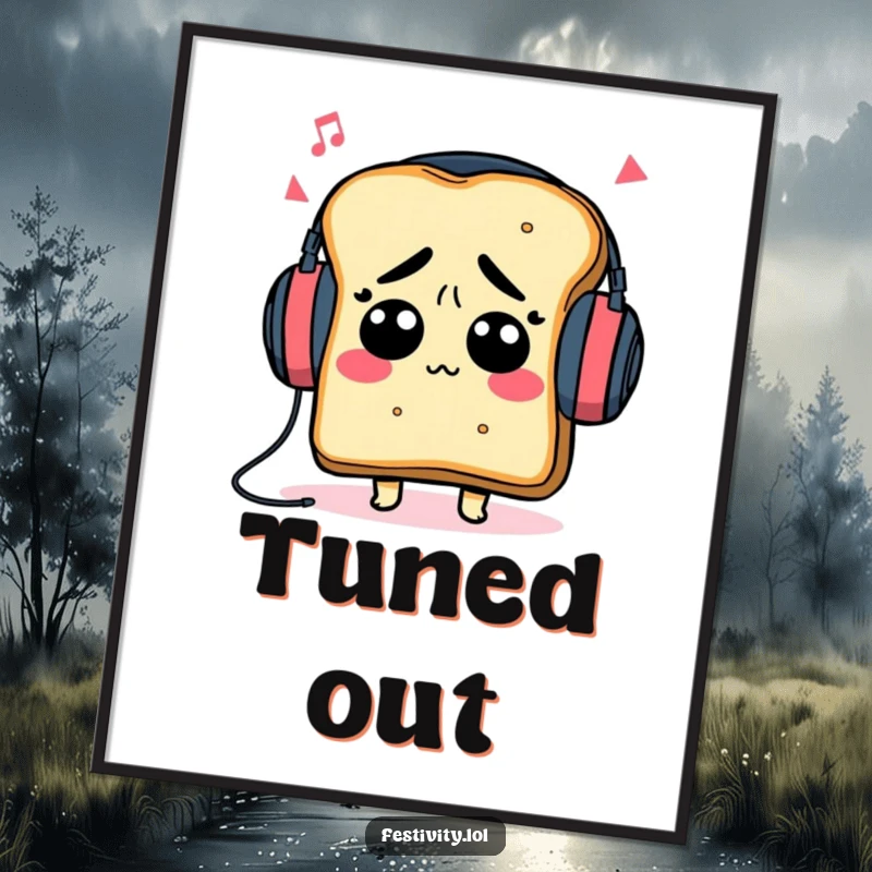 Funny confused toast character with oversized headphones, deeply engrossed in music, as humorous funny digital art.