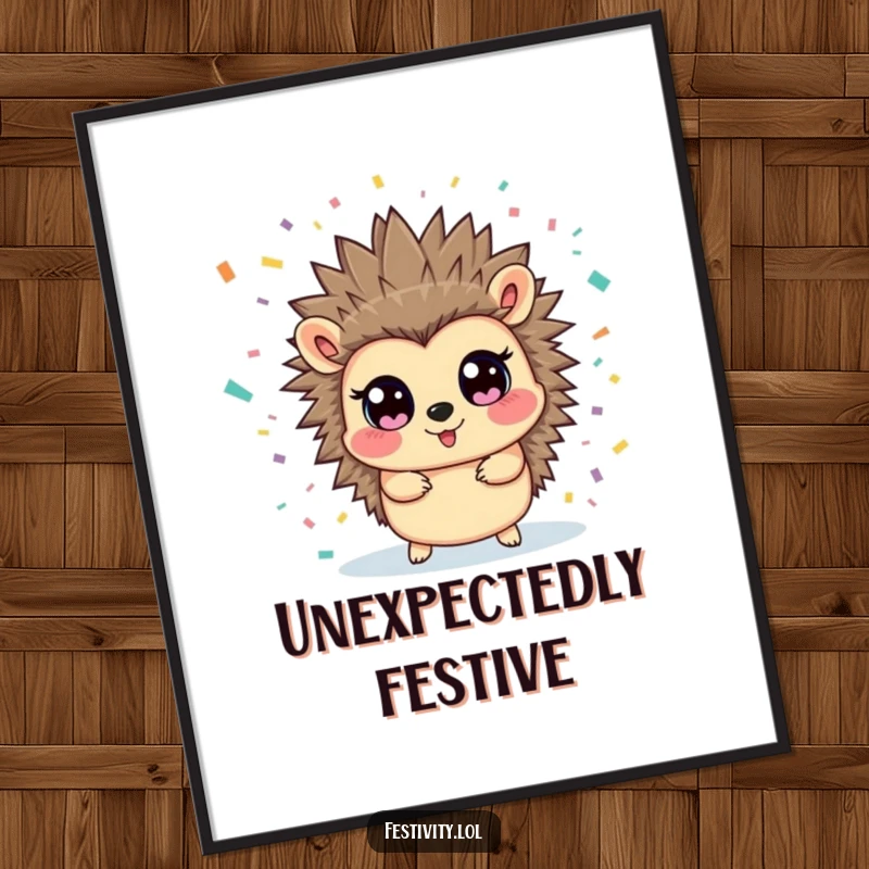 Funny hedgehog digital art print of a surprised hedgehog covered in confetti, ready to be printed for instant playful wall decor.
