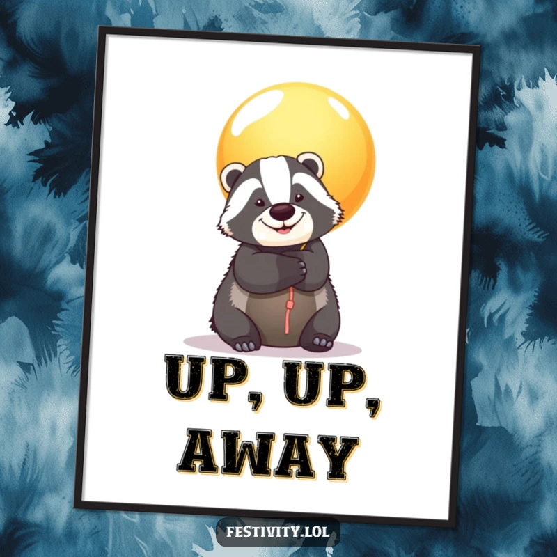 Funny Badger Balloon Digital Art Print: A smiling badger hugs a giant colorful balloon, perfect for instant, heartwarming, and humorous wall decor.