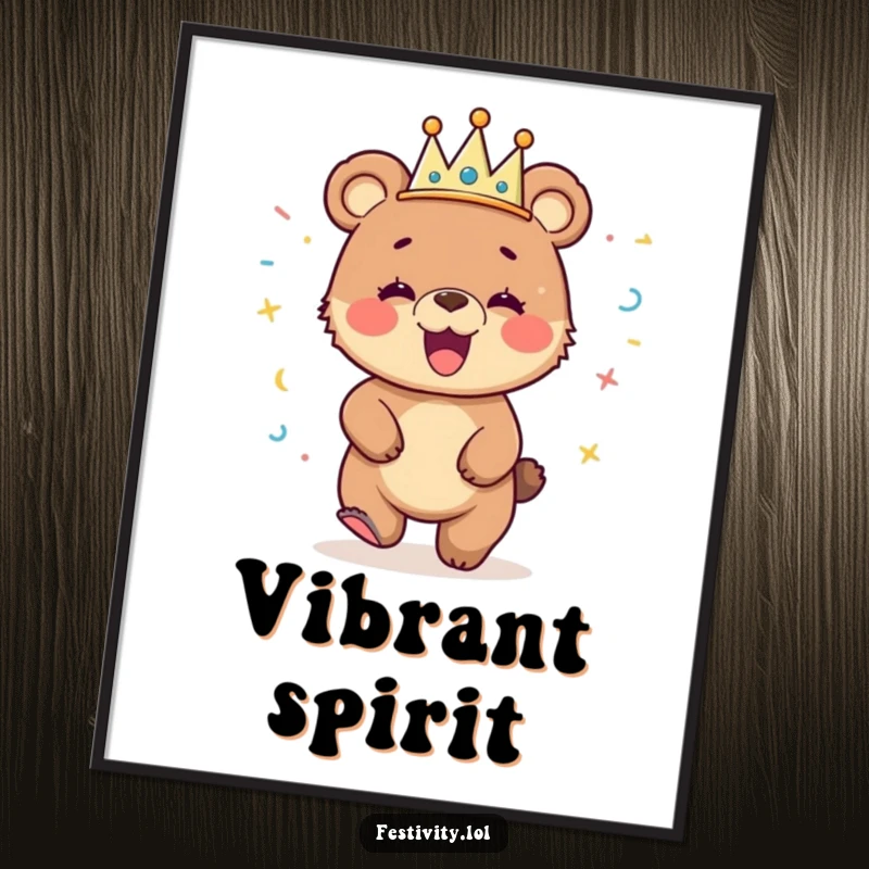 Funny digital art print of a giggling bear cub wearing a streamer crown and dancing exuberantly, perfect for party vibes.