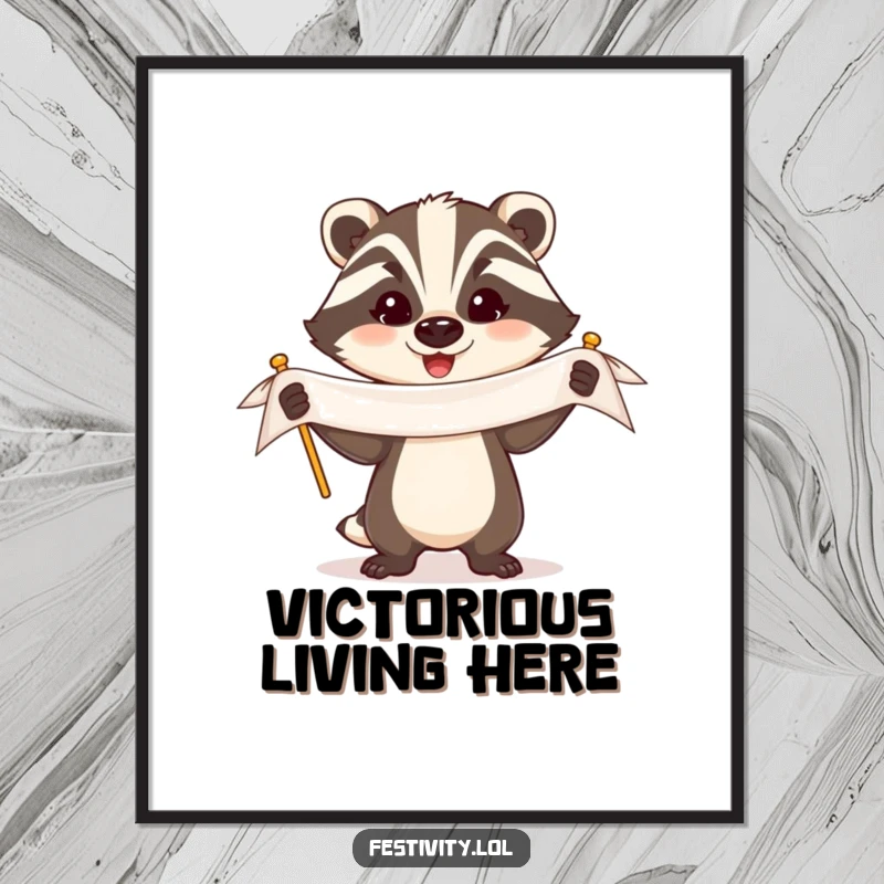 Funny Badger Digital Art: A triumphant badger holds a banner with a proud, happy expression, bringing humorous celebration to your digital space.