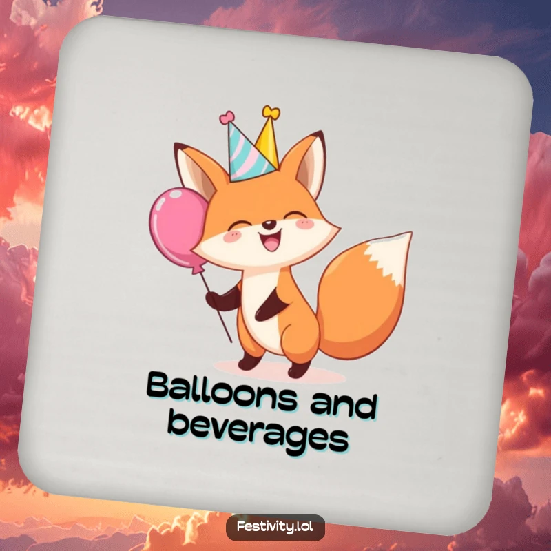 Funny coasters featuring a giggling fox in a party hat bouncing a giant balloon, perfect for protecting tables.