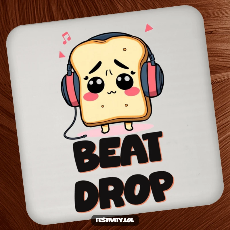 Funny toast character wearing headphones, lost in music, on stylish and funny drink coasters.