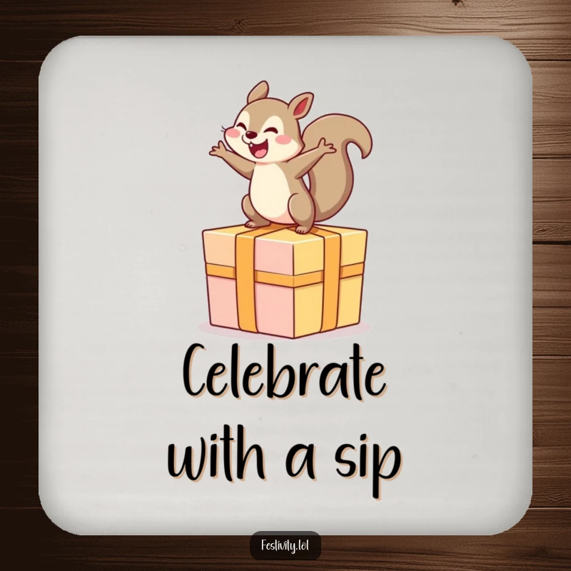 Funny drink coaster with a delighted squirrel joyfully bouncing on a giant, wrapped gift.