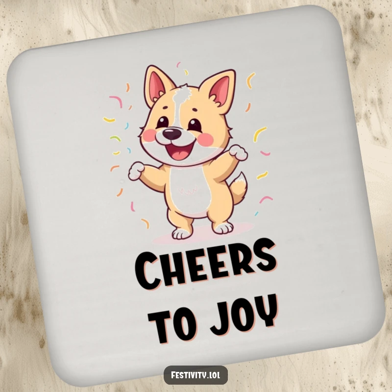 Funny drink coaster with a happy dog dancing joyfully, wrapped in streamers, humorous bar accessory.