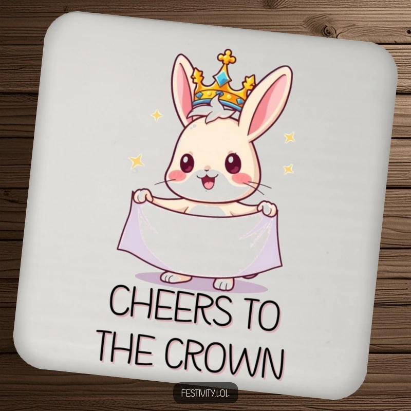 Funny rabbit drink coaster featuring a cheerful rabbit wearing a crown and holding a banner, adding a regal and protective touch.