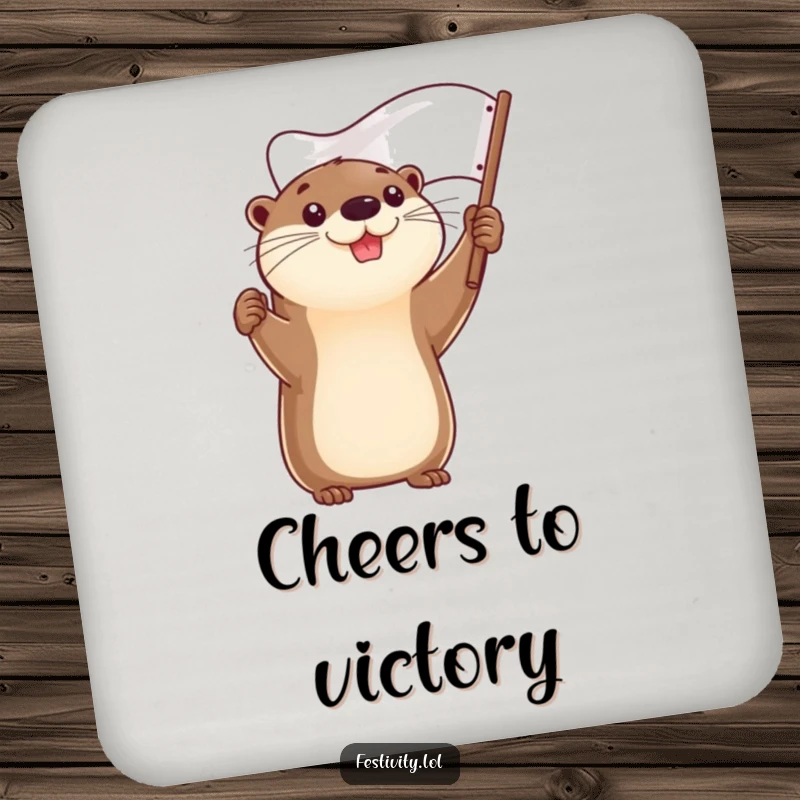 Funny drink coasters featuring a determined otter holding a flag high, adding victorious protection.