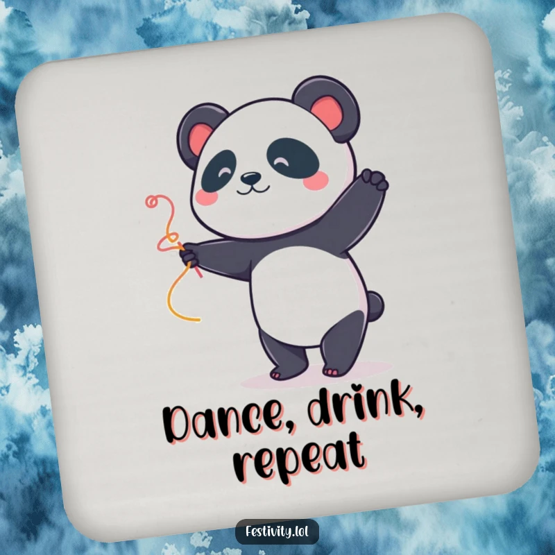 Funny Panda Dancer Drink Coasters: A happy panda dances with a streamer, offering surface protection with a dose of playful charm.