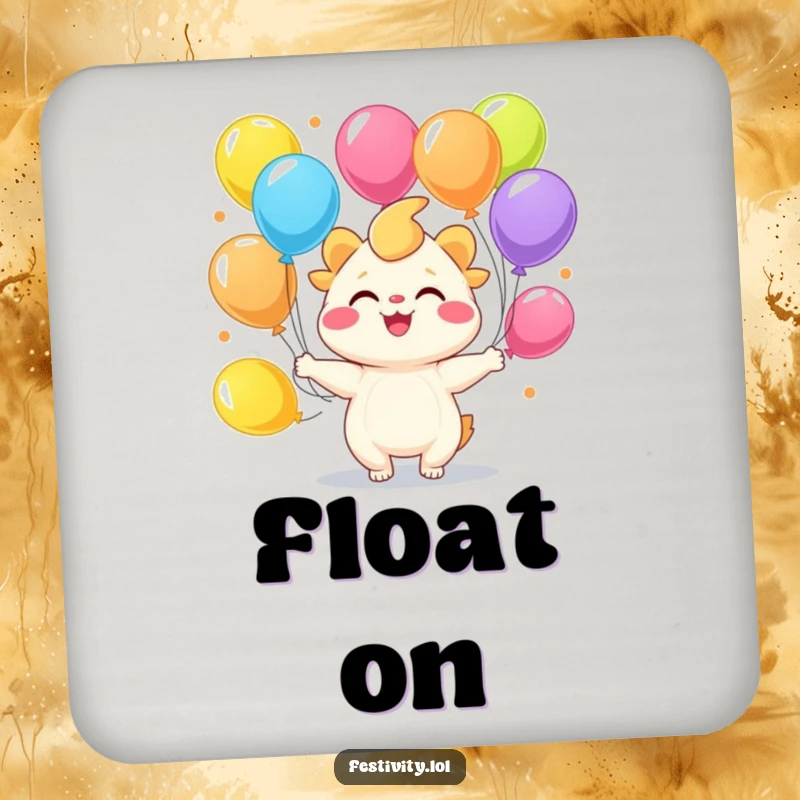 Funny joyful creature juggling colorful balloons on a protective drink coaster.