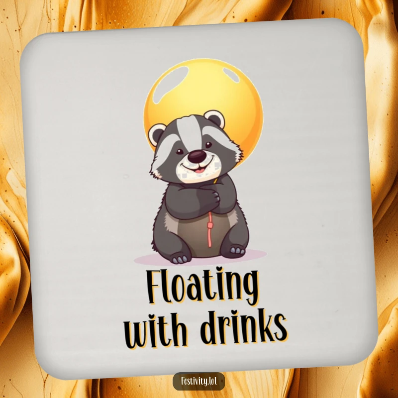 Funny Badger Balloon Drink Coasters: A happy badger hugs a giant balloon, offering surface protection with a dose of heartwarming charm.