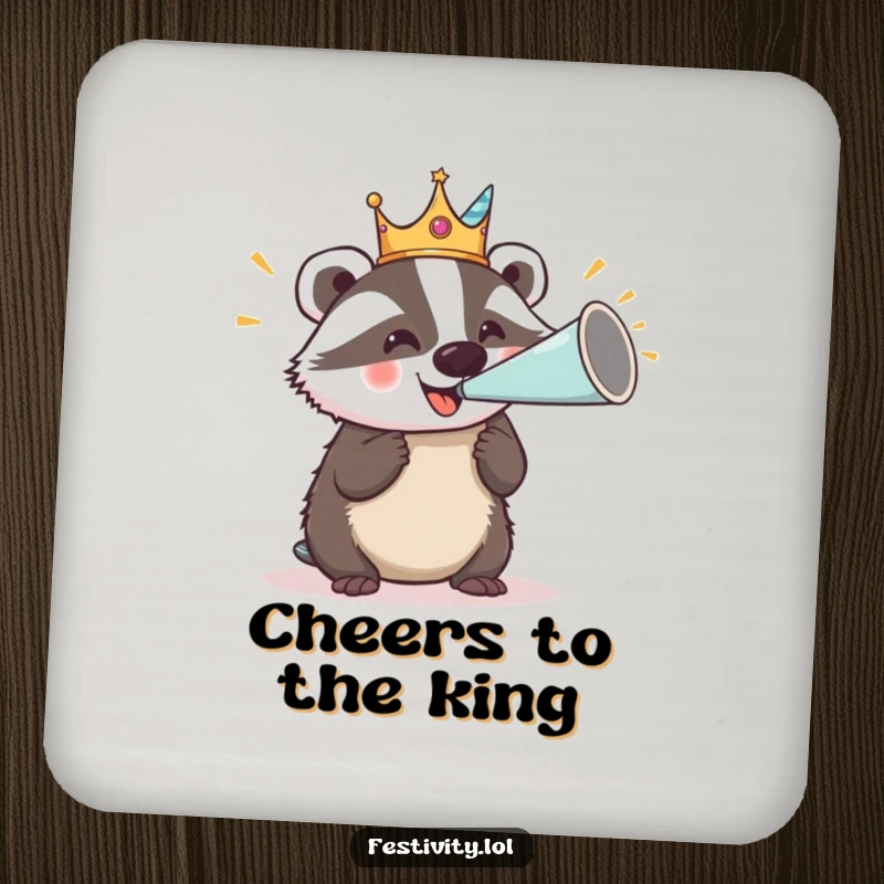 Funny coasters featuring a delighted badger wearing a silly crown and blowing a giant party horn, great for tables.