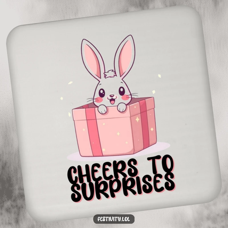 Funny drink coasters featuring a surprised bunny peeking from a gift box, for humorous and cute table protection.