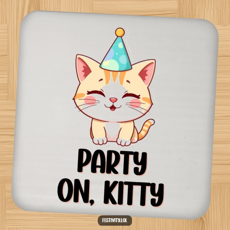 Funny Cat Birthday Drink Coasters: A winking cat in a silly hat, offering surface protection with a dose of festive feline charm.