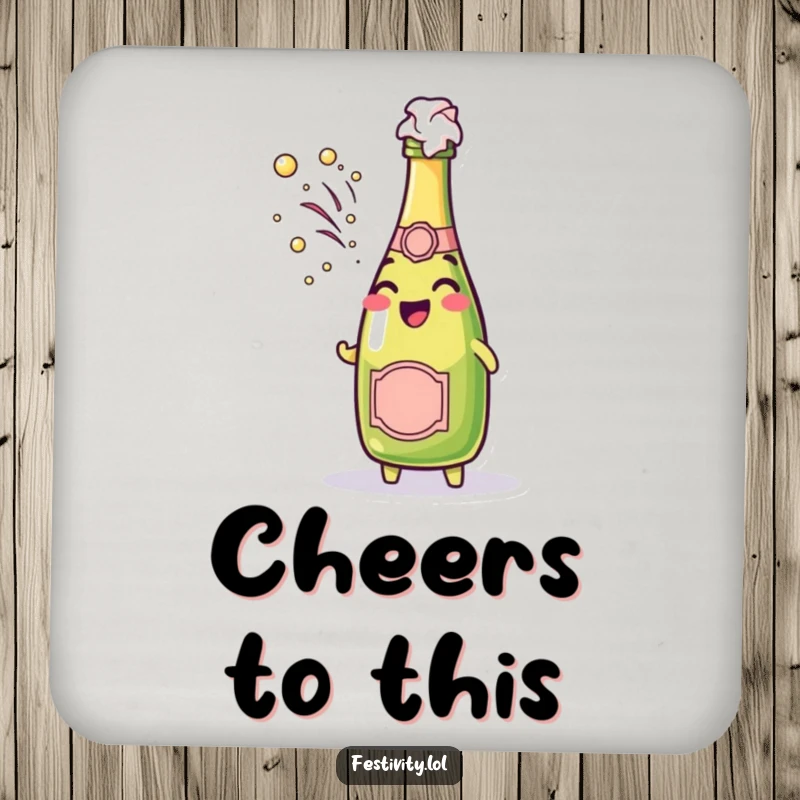 Funny cheerful champagne bottle character spraying bubbly foam on a coaster, adding festive flair.