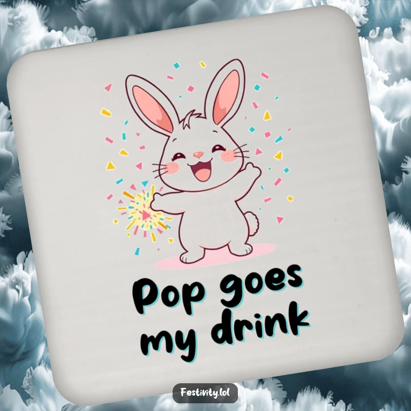 Funny coasters featuring a smiling bunny launching confetti, great for protecting furniture and adding humor to gatherings.