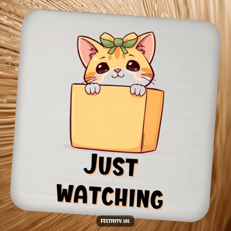 Funny curious cat coasters, a playful kitten peeking from behind a gift box, protecting surfaces with charm.
