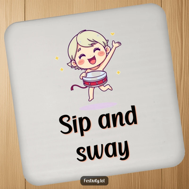 Funny merry character dancing energetically with a tambourine on a protective drink coaster.