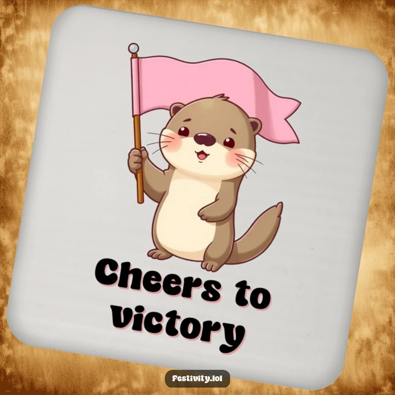 Funny determined otter character holding a flag high drink coasters, adding proud protection.