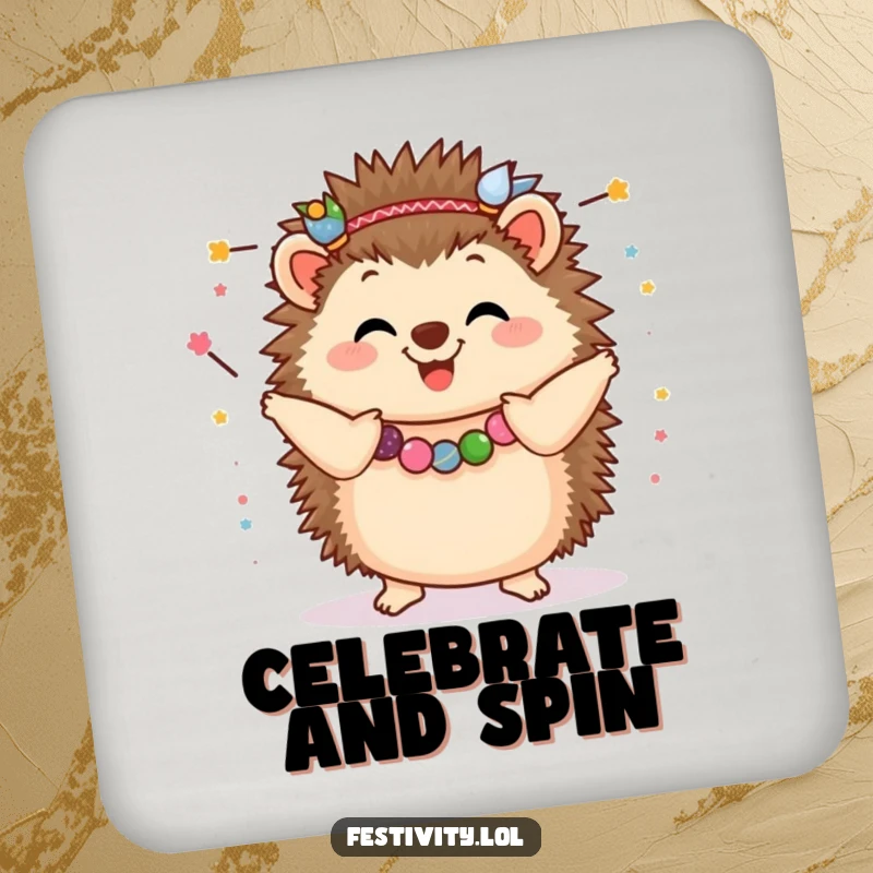Funny Hedgehog Coaster: A happy hedgehog dancing with festive garlands, adding a touch of funny celebration to your drinks.