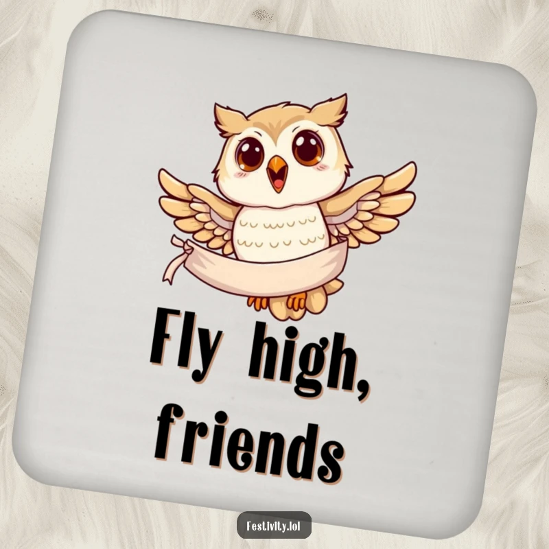Funny owl coasters, a joyful owl soaring with a banner, protecting surfaces with wise charm.