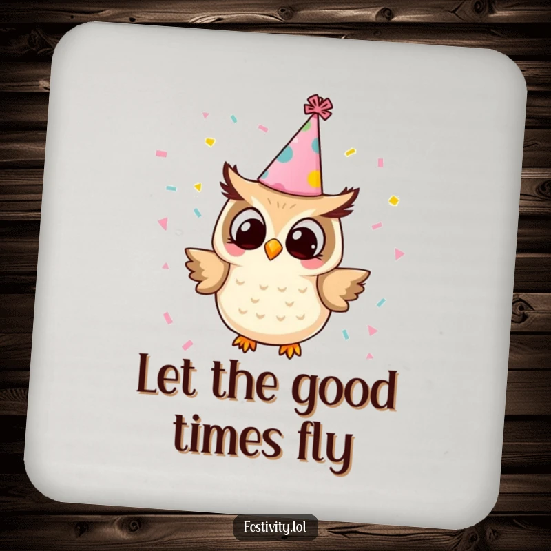Funny owl drink coaster featuring a tiny owl in a party hat releasing confetti, adding a cheerful and protective touch to tabletops.