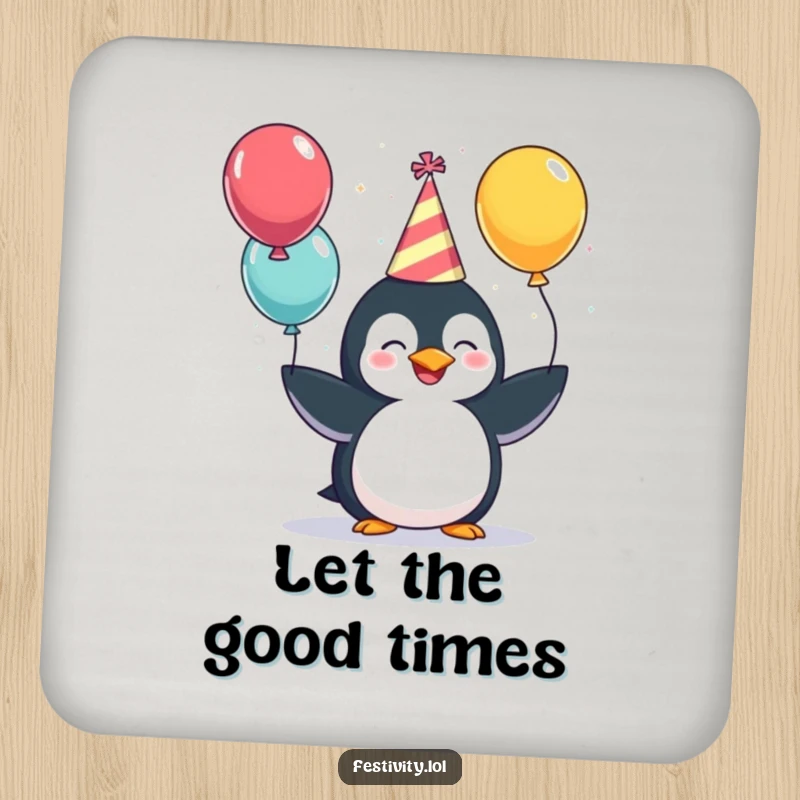 Funny Coaster: A giggling penguin juggling balloons, a humorous and protective drink accessory for parties.