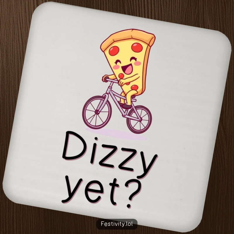 Funny pizza slice character giggling on a unicycle, adorning protective and funny drink coasters.