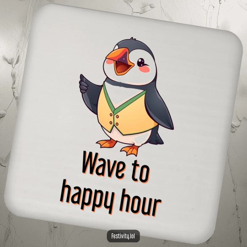 Funny Puffin Coaster: A grinning puffin waves a tiny flag, adding humorous protection to your surfaces.