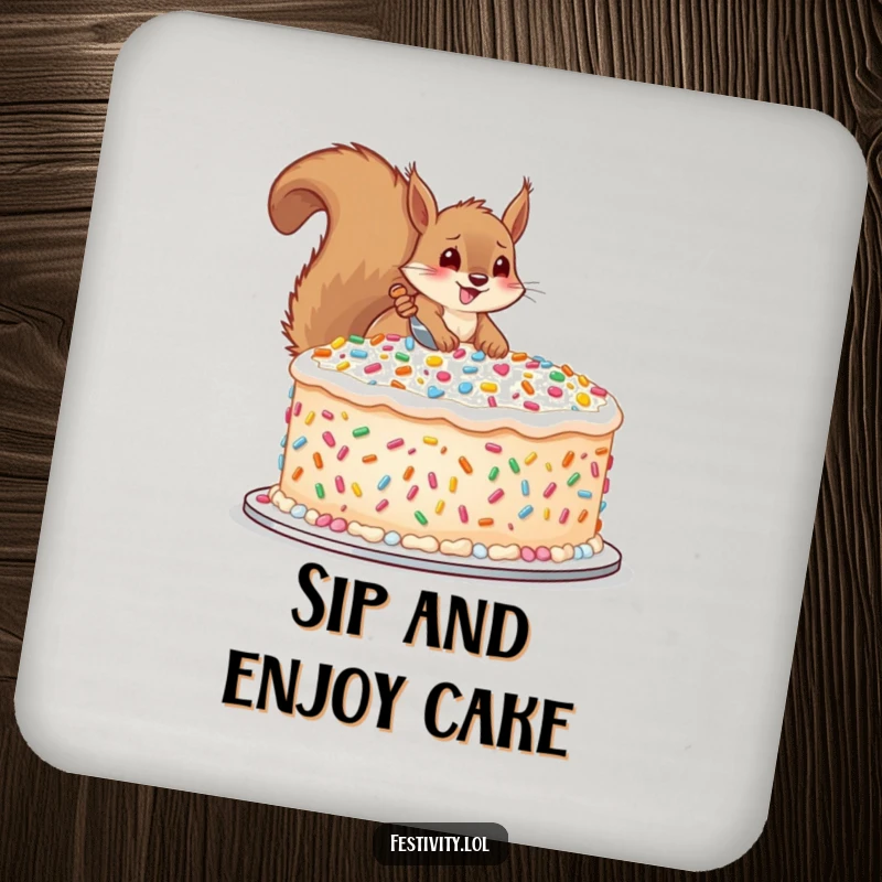 Funny coasters featuring a happy squirrel decorating a massive cake with oversized sprinkles, great for protecting tables.