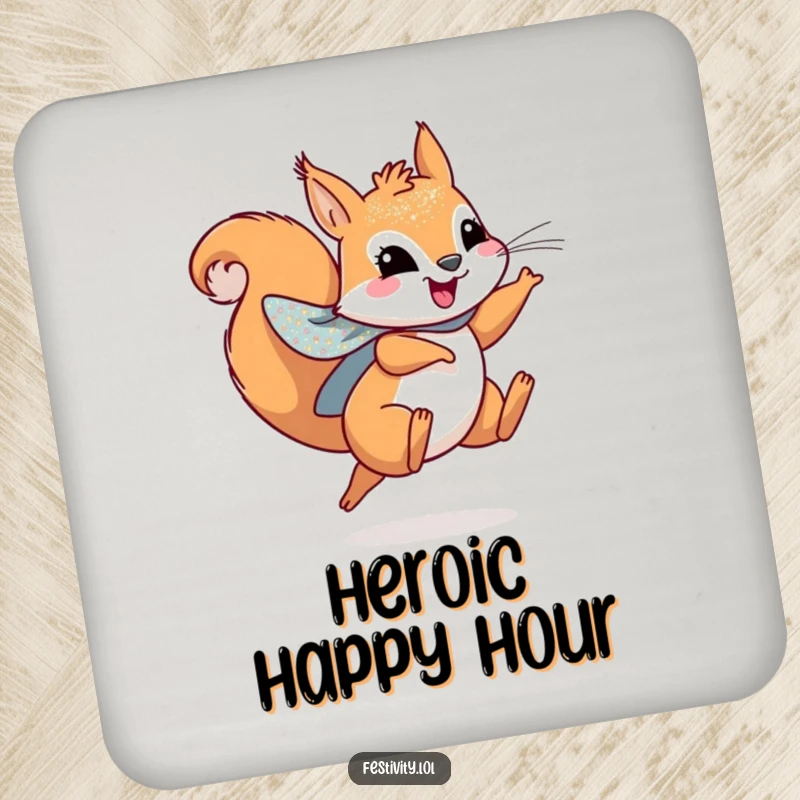 Funny drink coasters featuring a playful squirrel wearing a sparkly cape, leaping joyfully, perfect for any table.