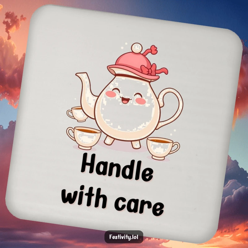 Funny drink coaster with a whimsical teapot in a hat juggling teacups, protecting surfaces with humor.