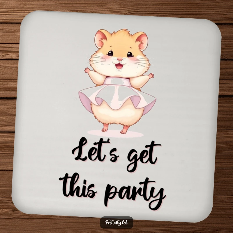 Funny hamster coasters, a fluffy hamster in a party dress, happily twirling, protecting surfaces with charm.