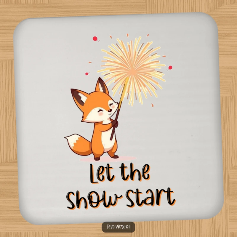 Funny Fox Coaster: A determined fox holding a firework, adding a bold and funny touch to your drink setup.