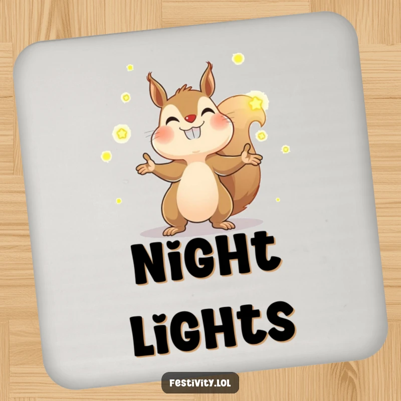 Funny squirrel drink coaster featuring a determined squirrel juggling glowing fireflies, adding a touch of humor and surface protection.