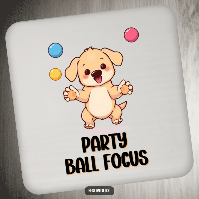 Funny drink coaster showing a bouncing puppy juggling bright balls, creating a humorous visual.